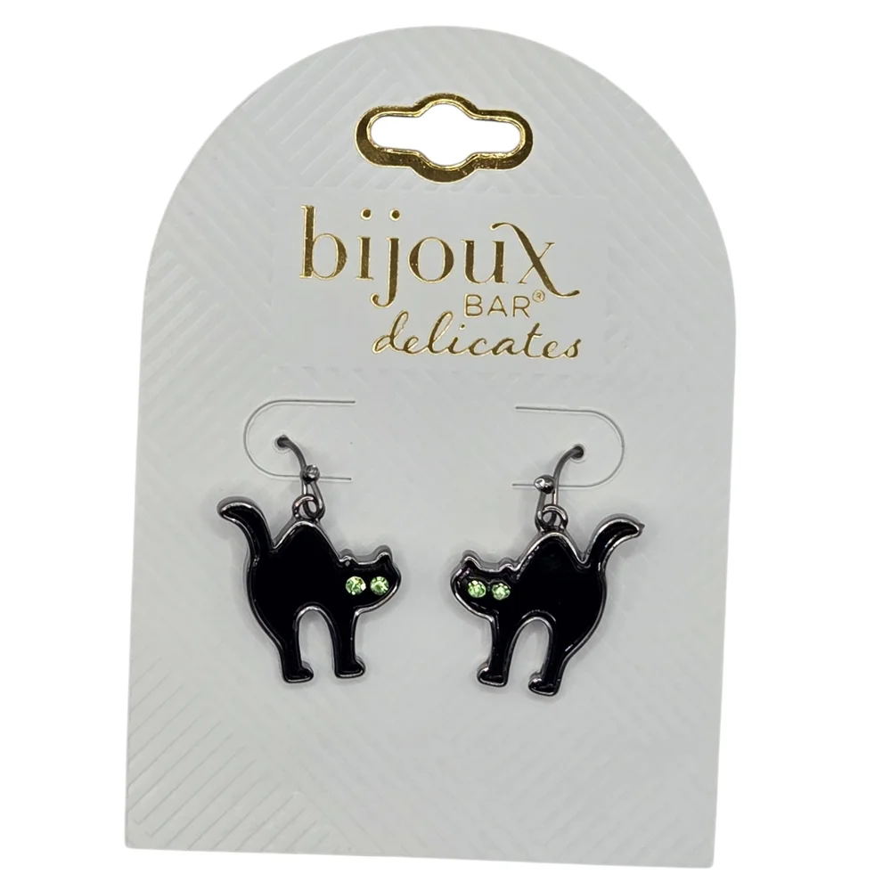Halloween Black Cat Earrings with Green Glass Eyes Dangling Drop